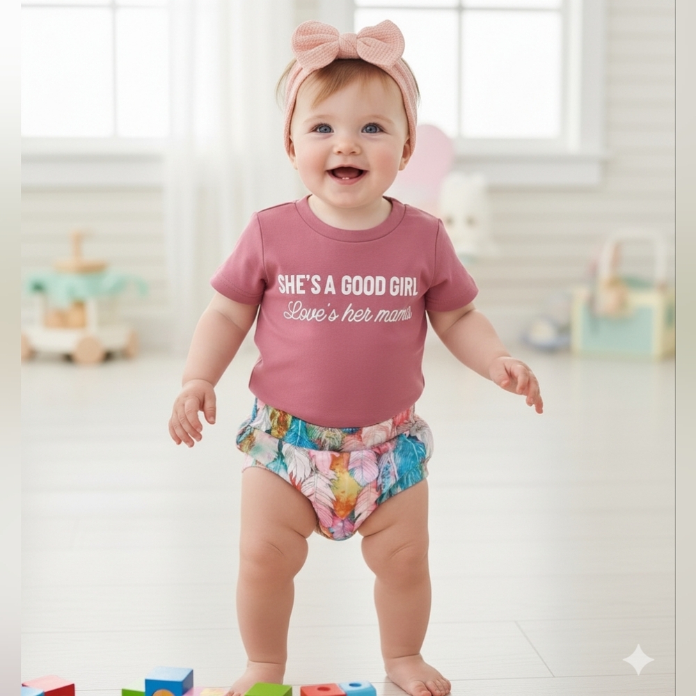 Boho Baby Girl Feather Bloomer Graphic Tee Set Mauve Pastel Summer Outfit 12-18M
